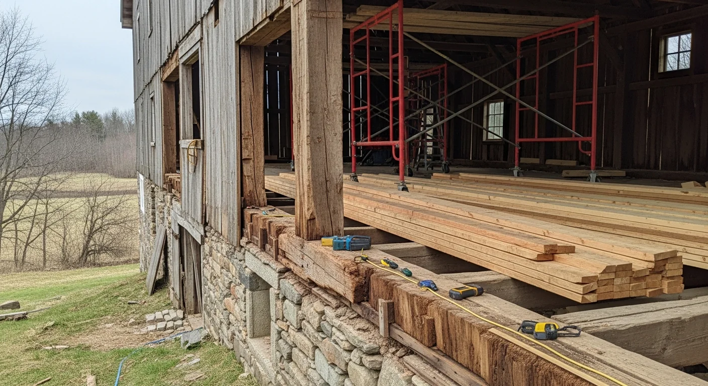 A timber-framed barn in a Perth rural property undergoing structural remediation, with repaired roof framing and restored exterior siding visible. The surrounding landscape shows typical Western Australian dry-season conditions.