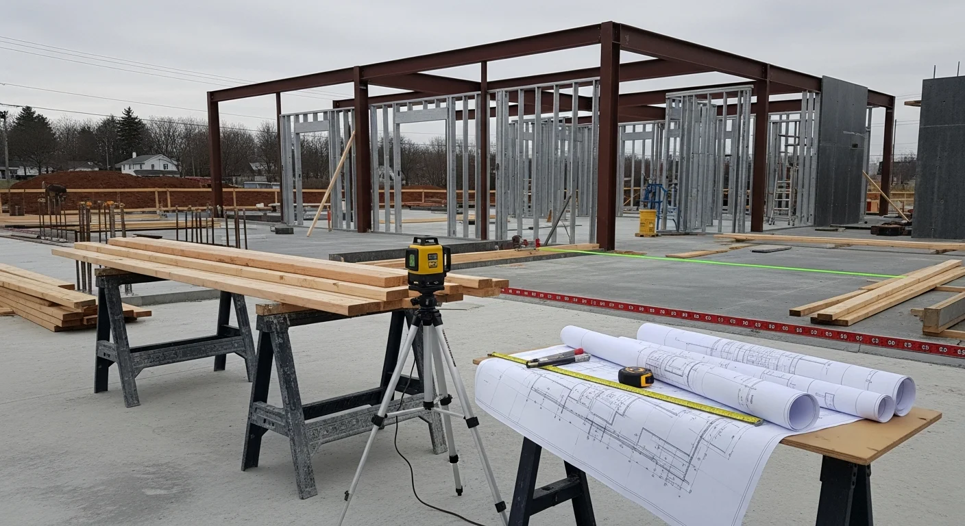 A commercial building under active construction in Perth, Western Australia, showing structural framing and roofing work in progress on a clear day. A general contractor site crew works across multiple levels of the building exterior.