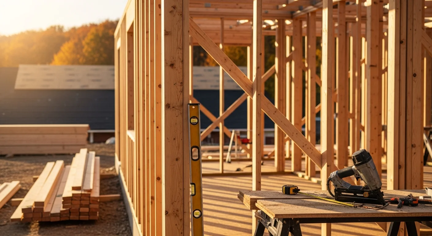 A newly framed single-story residential home under construction on a Perth suburban lot, with roof trusses installed and exterior walls in progress. The build site shows clear skies typical of Perth's climate and a freshly prepared concrete slab foundation.
